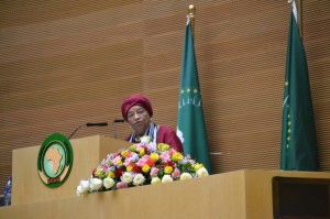 President Sirleaf  addressing 29th AU Assambly in Addis Ababa